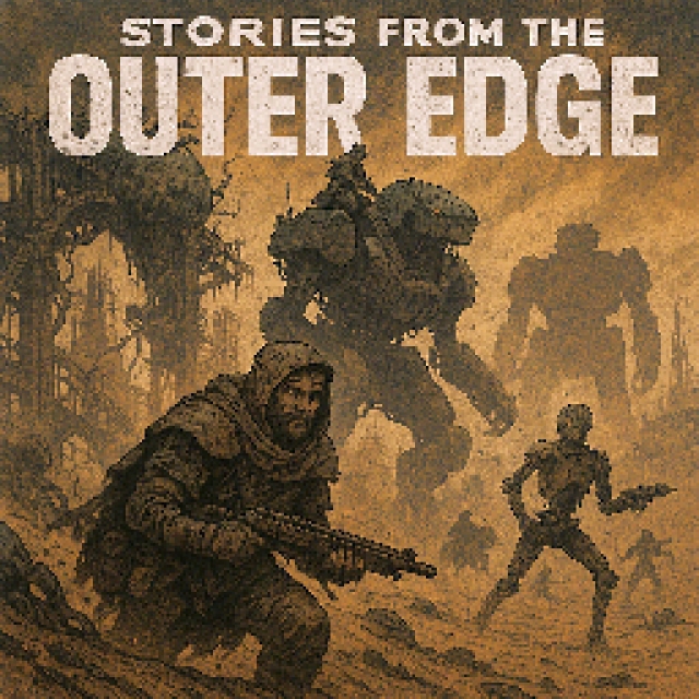 Cover image for stories from the outer edge survivor leading the charge, mech behind him