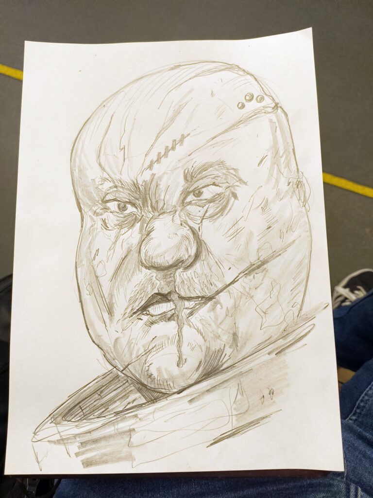 Pencil drawing done on the train of Warhammer space marine male portrait with battle scars
