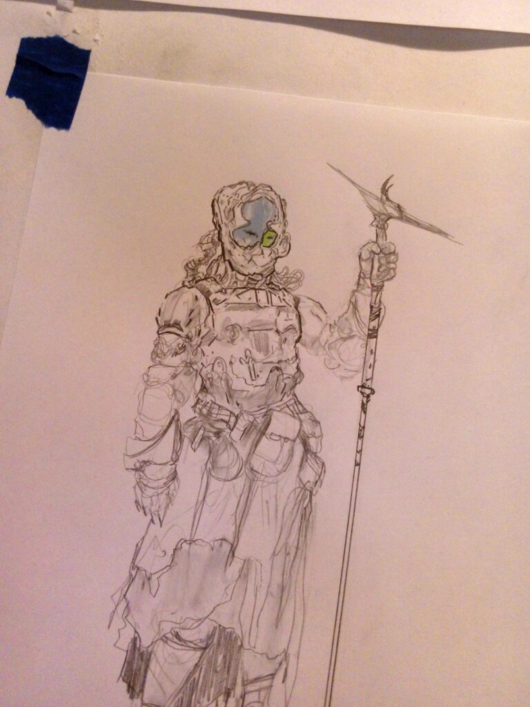 A photo of a character design sketch on the drafting table, character is a sci-fi helmeted person