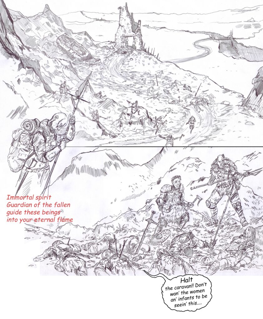 Raw pencil drawing for LeafHorn page 2 a fantasy comic, our hero's turn a corner to discover a gruesome battlefield