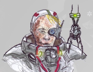 A digital painting of a robot sitting on the shoulder of a sci-fi character