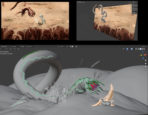 A blender 3d modeling shot of a scene then used to as abase for a painting