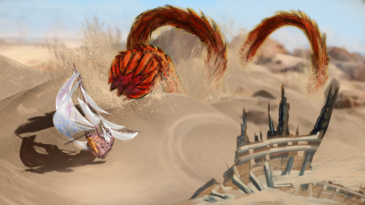 Worm Hunt, a painting did by painting over a blender 3d scene