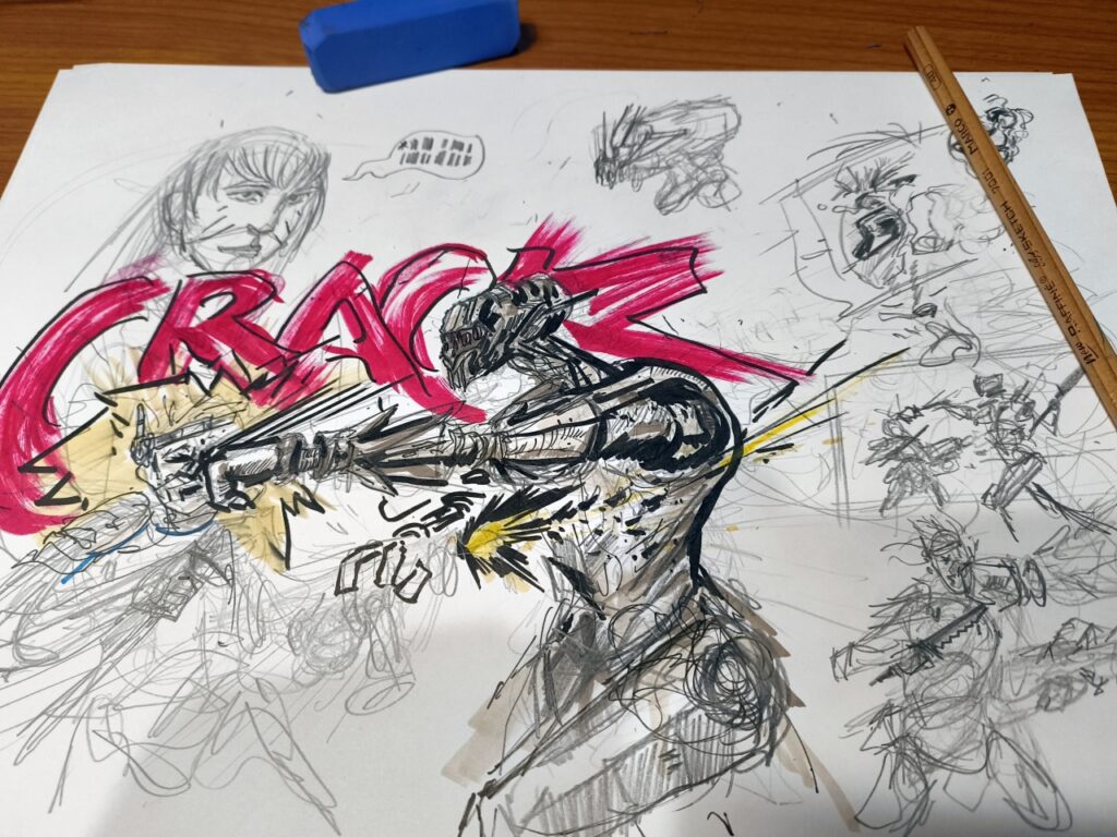hit in the face tales from the epicenter gladiator fight of comic character and bot, rough drawing