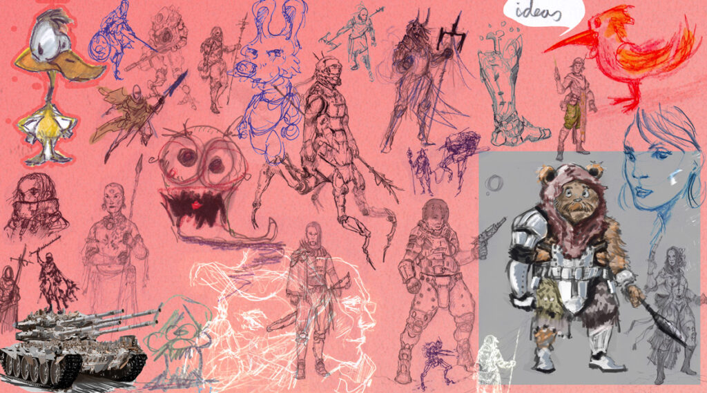 Scribble bomb traditional art work a collage of many drawings of all types and genres