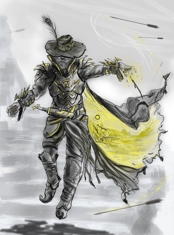 Black and yellow wizard design for a closed creative community challenge, illustration of a wizard directing arrows away with wand, cloak does foreground framing