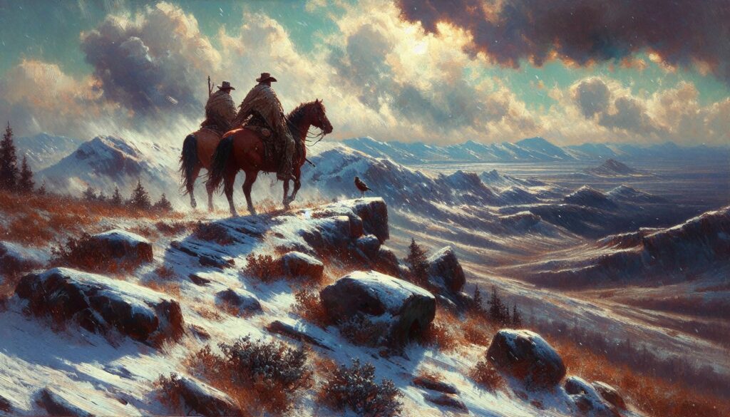 GenAI or Generative AI image made with Dalle3 its an oil painting of two lone horsemen
