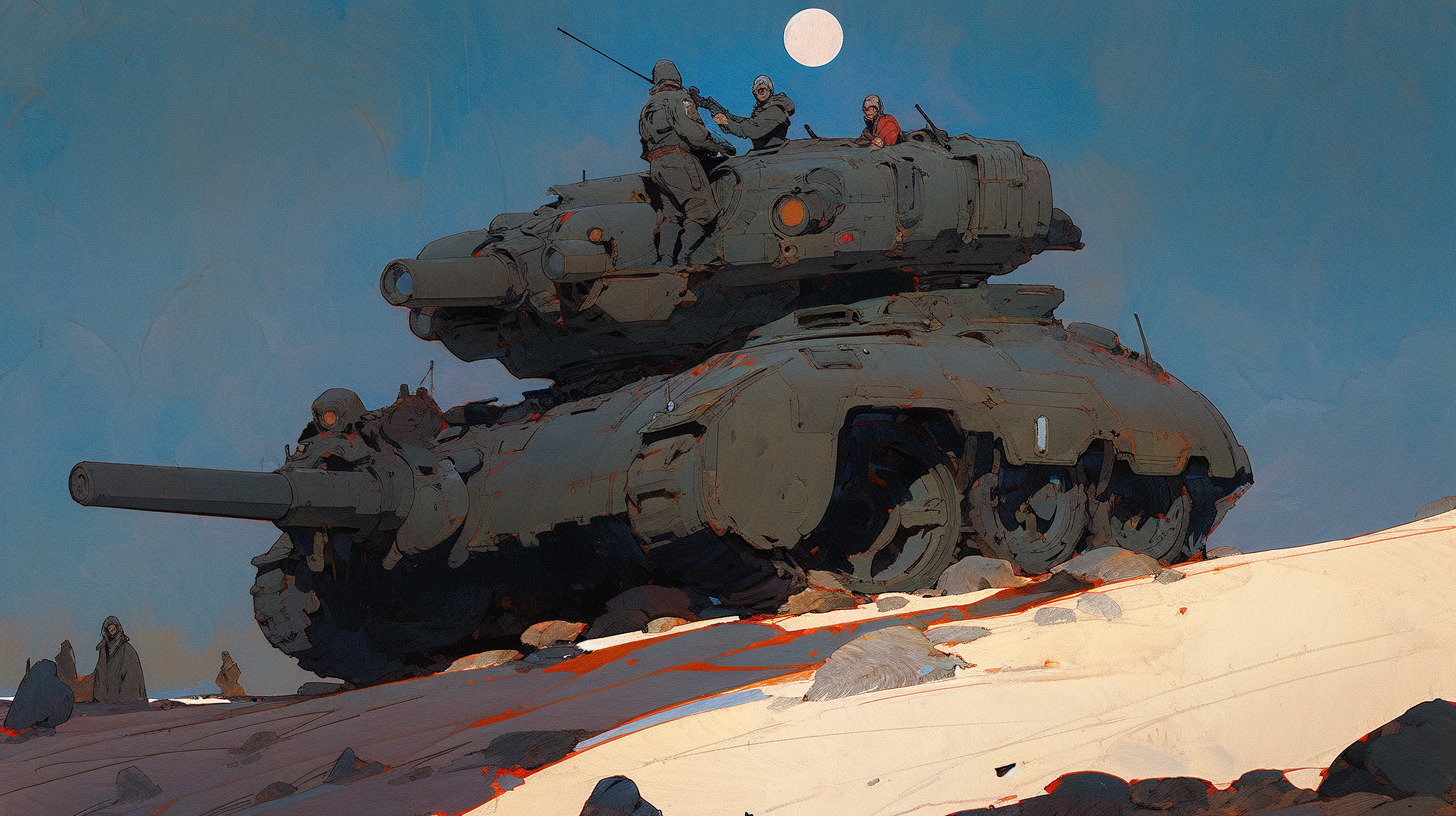 A concept art tank silhouetted by a moon, made with Generative AI