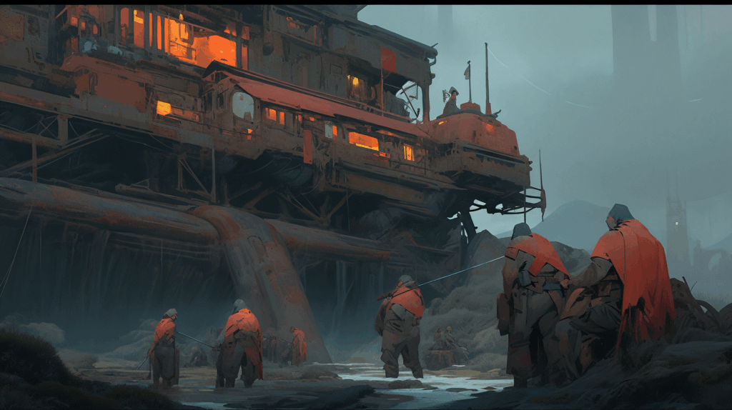 Midjourney rendered GenAI image of a few people bellow a building, seems like a fantasy image.