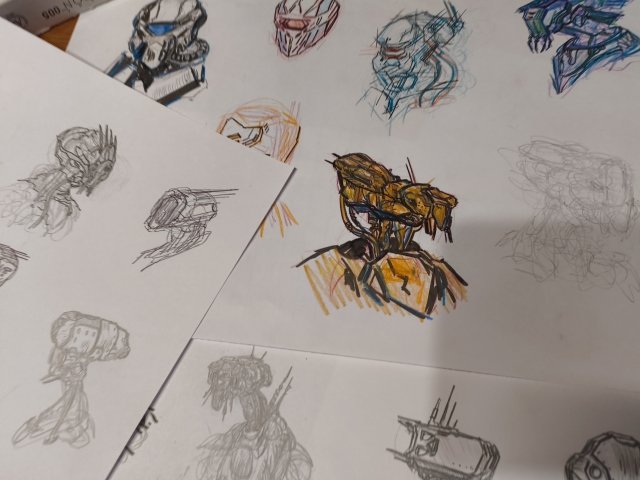 fear of posting on social media, droids, bots and mechs in ink and in color pencils