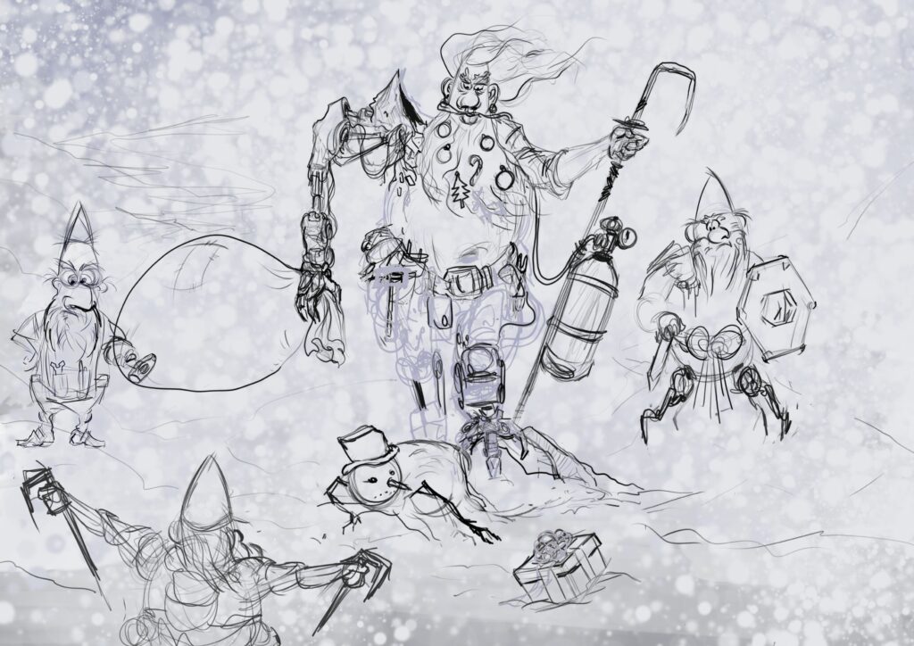 A digital painting of Santa and his elves hunting down a snow man taking a present away