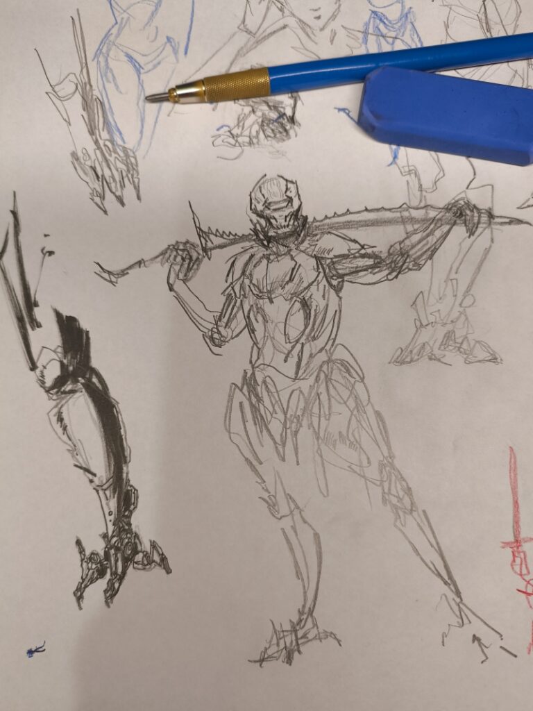 A few gestures drawings but of a droid holding a sword on its back in dramatic fashion and concept art for leg designs